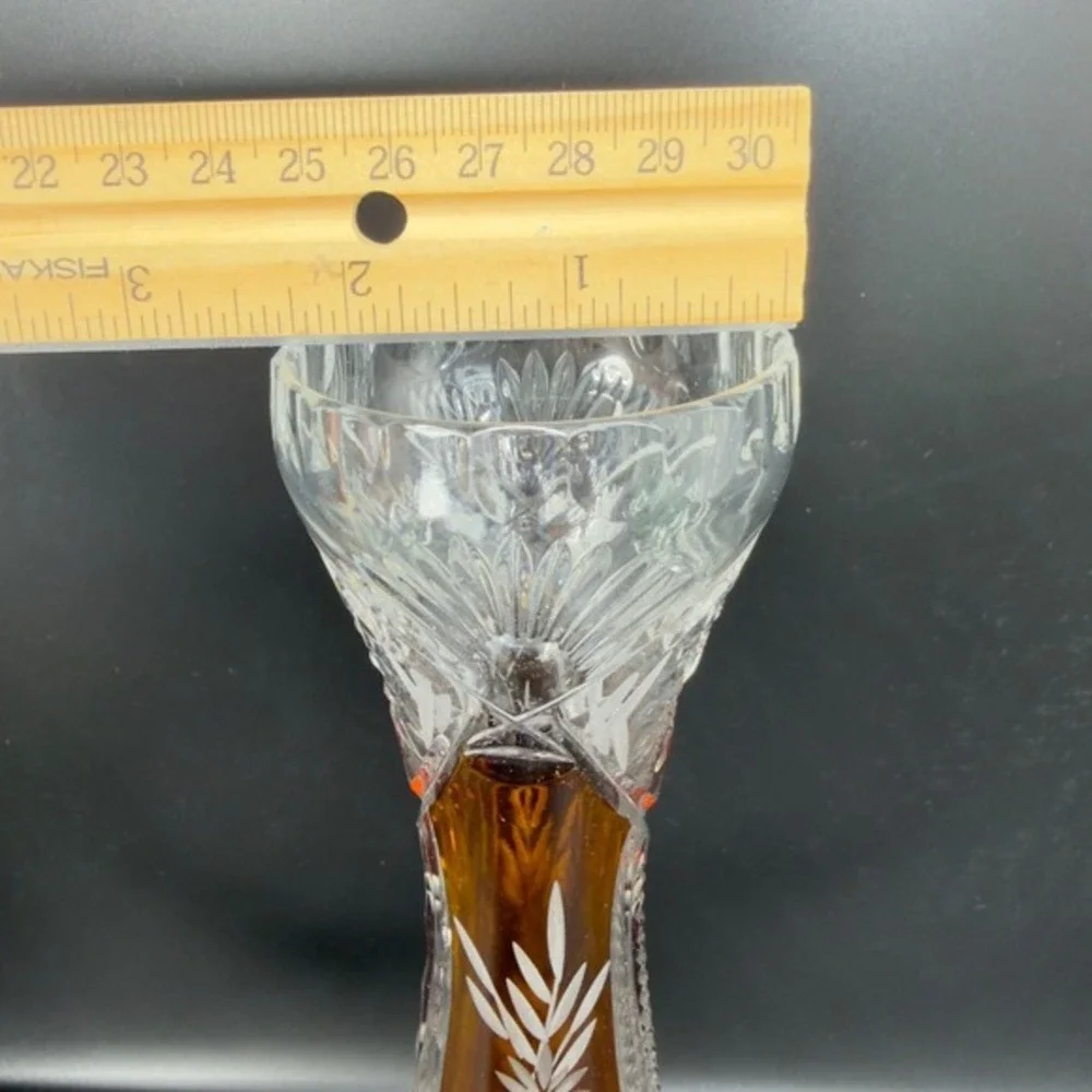 Vintage Bohemian Glass Amber‎ Cut to Clear Crystal Bud Vase Floral Wheat Pattern